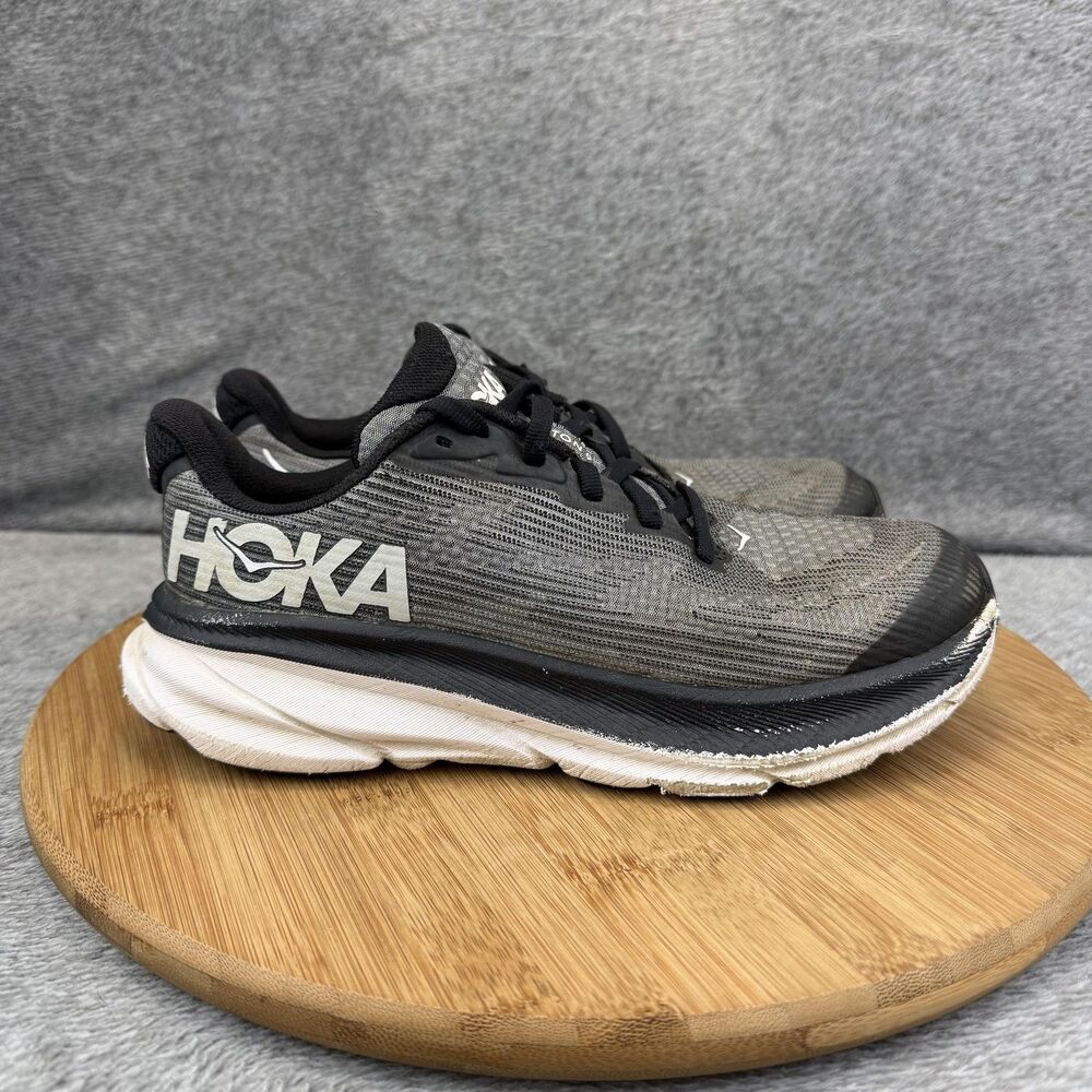 HOKA One Clifton 9 Shoes Boys Size 5 Gray Running Sneakers 1131170-BWHT